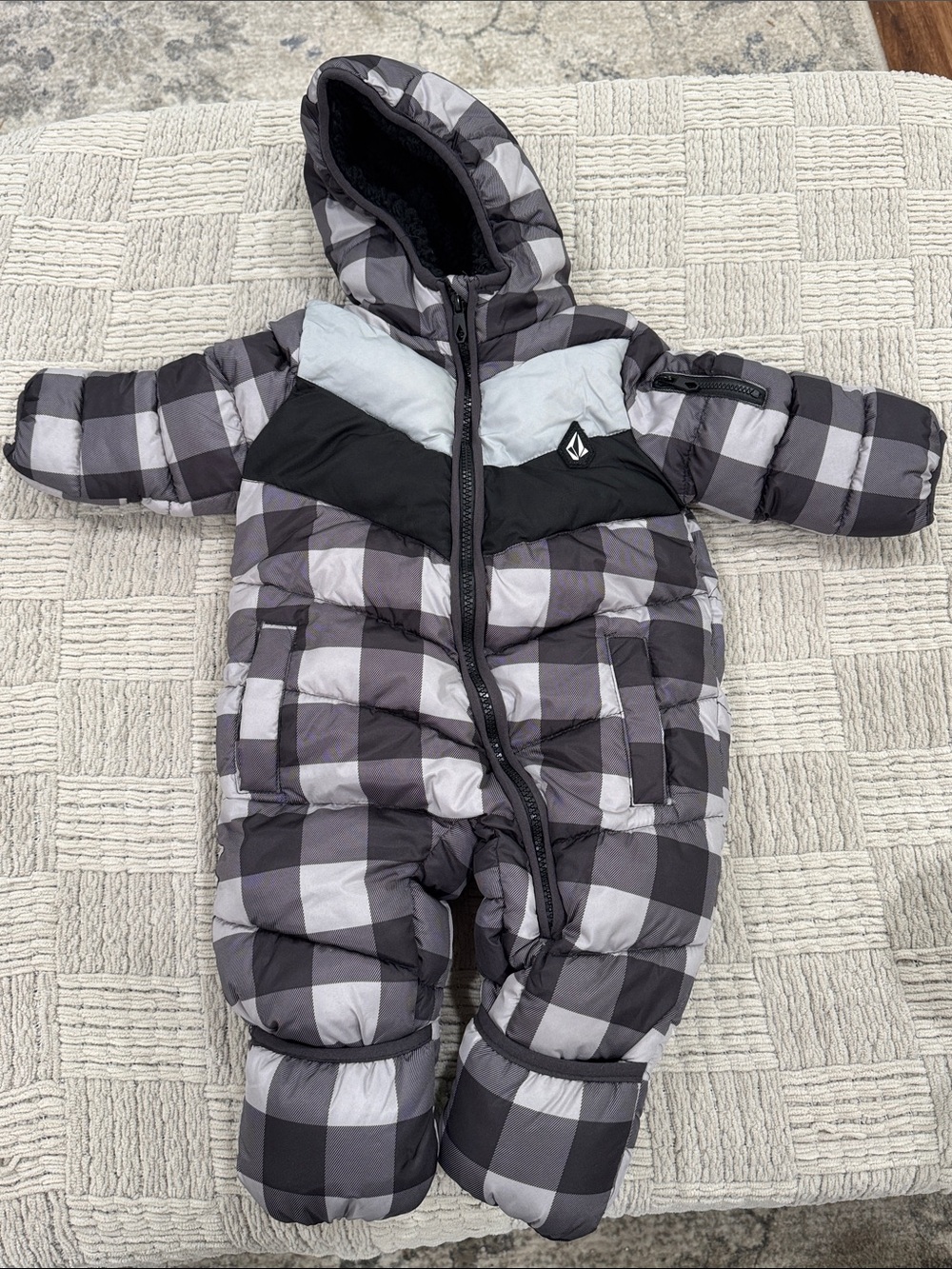 Volcom Gray and Black Buffalo Plaid Infant Puffer Snowsuit
